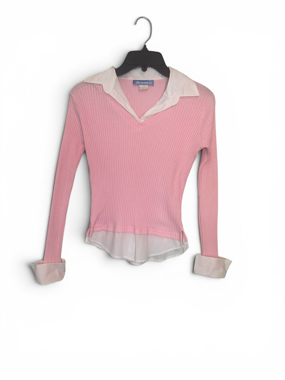 Vintage Y2K Pink Ribbed Layered Shirt with White Collar
